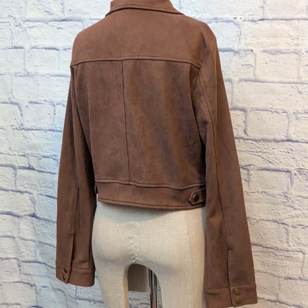 NWT Allegra K Faux Suede Brown Cropped Moto Jacket Size Medium - Picture 5 of 9